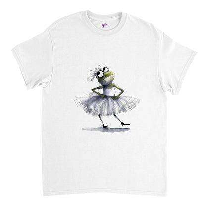 White t-shirt with a ballerina frog in a tutu print