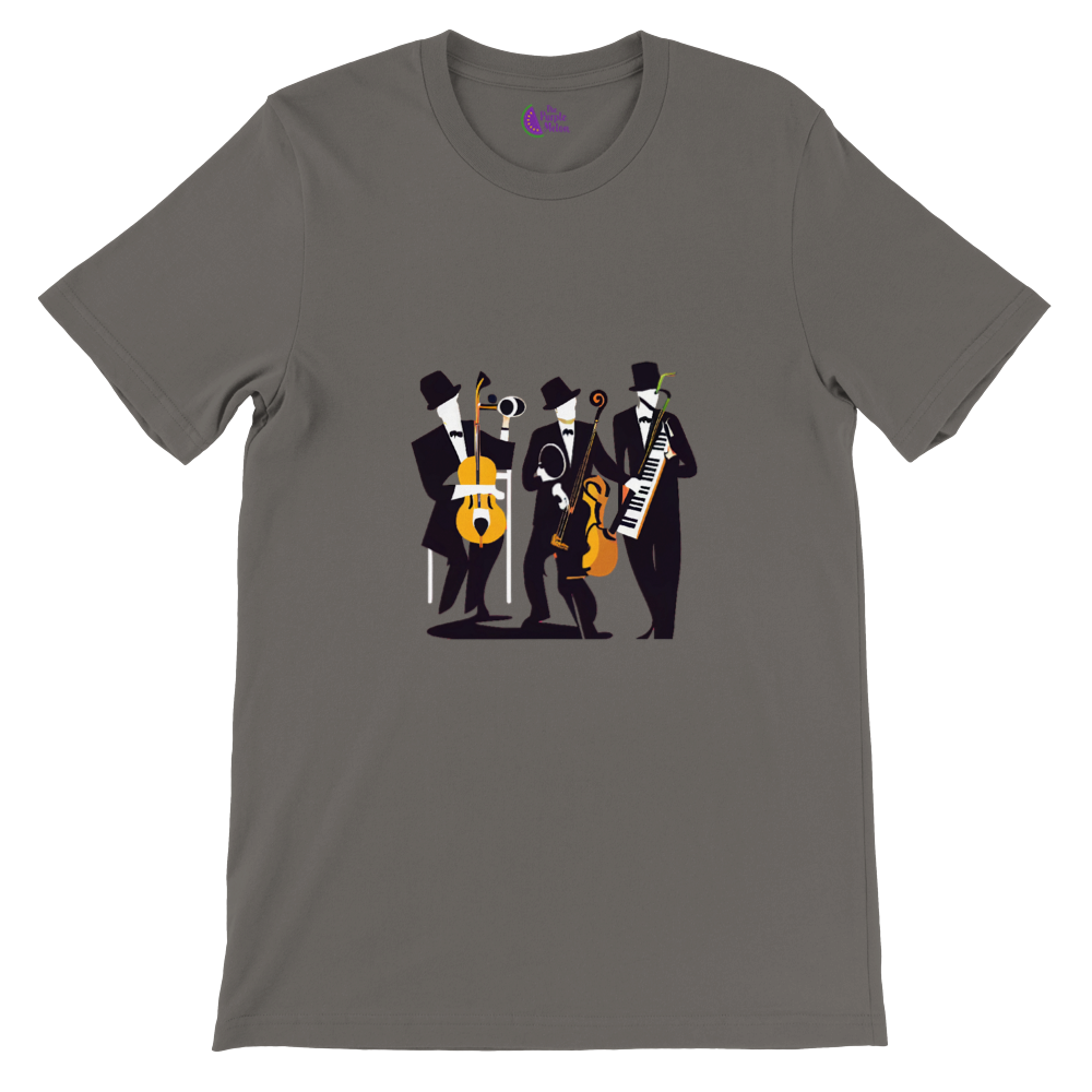 grey t-shirt with a pop-art jazz trio print