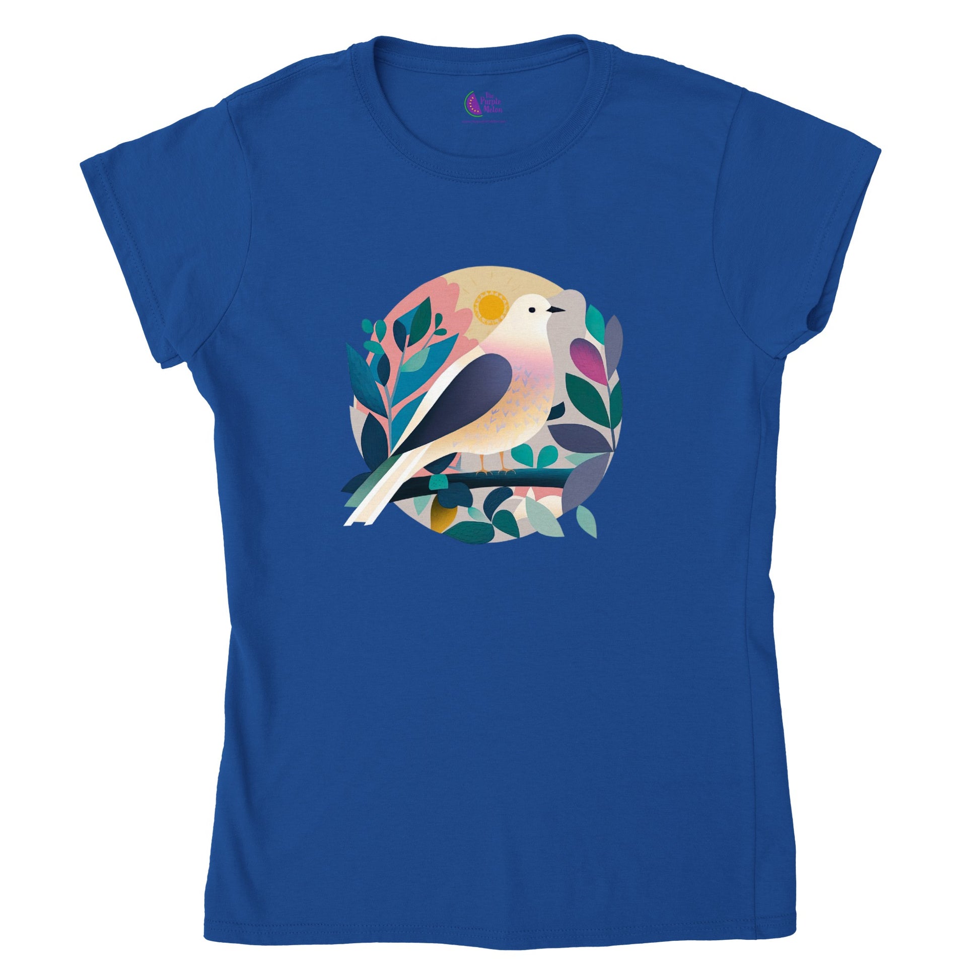 Blue t-shirt with colourful dove print on the front