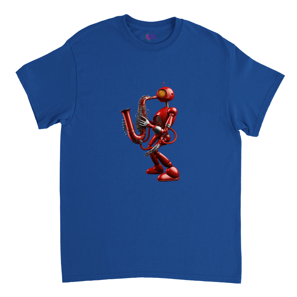 Royal Blue t-shirt with a red robot playing a saxophone