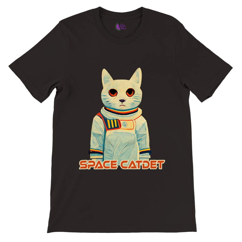 black t-shirt with a space catdet print