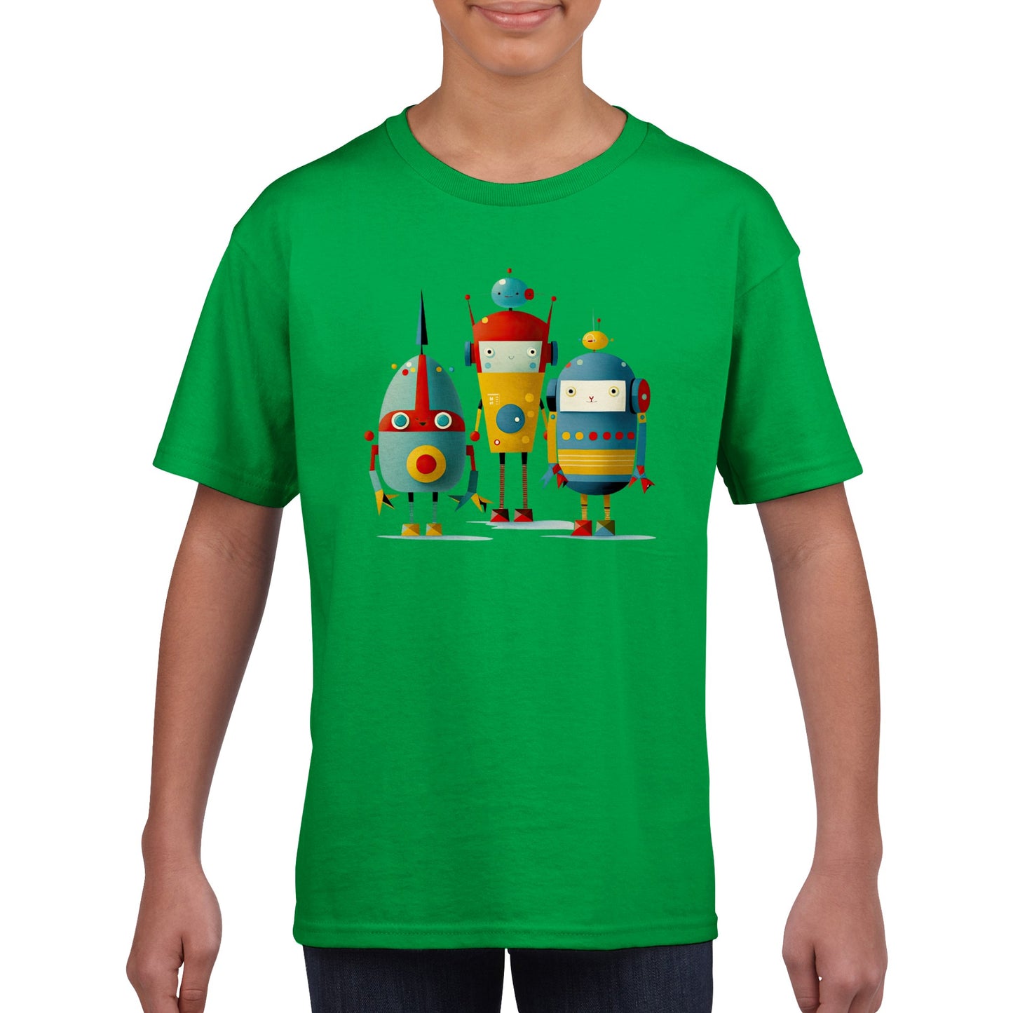 Green kids t-shirt with 3 retro robots