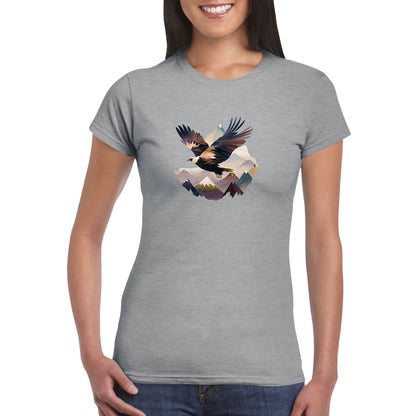 woman wearing a grey t-shirt with an eagle flying over a mountain range print