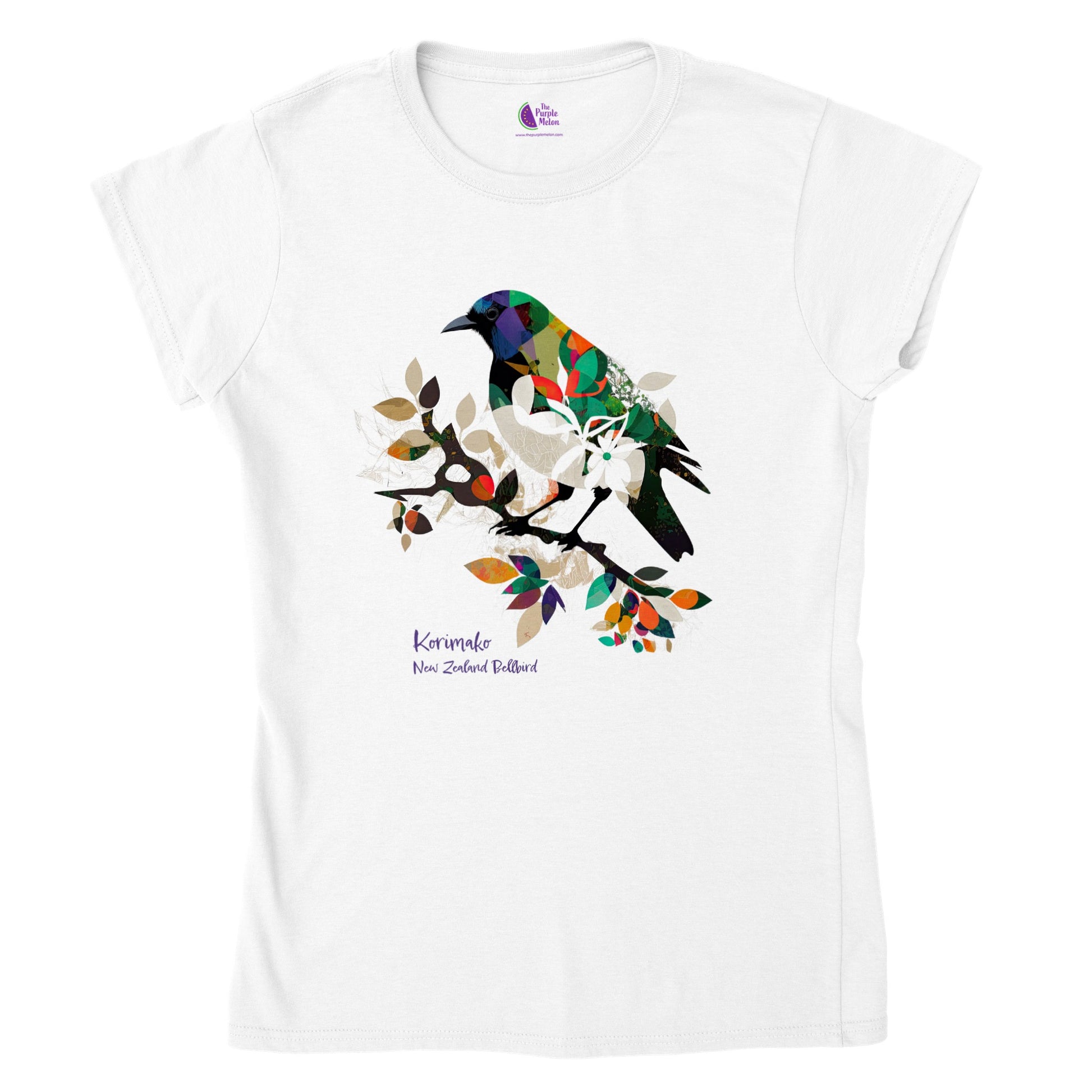 white t-shirt with a modern New Zealand Bellbird print