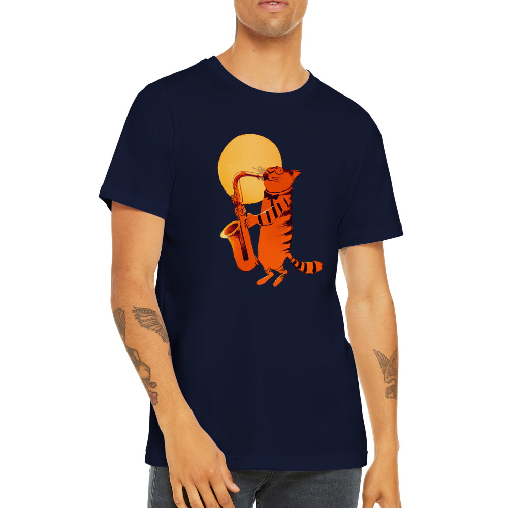 Cat Playing the Saxophone Under the Full Moon Premium Unisex Crewneck T-shirt.