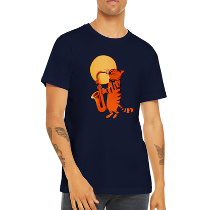 Cat Playing the Saxophone Under the Full Moon Premium Unisex Crewneck T-shirt.