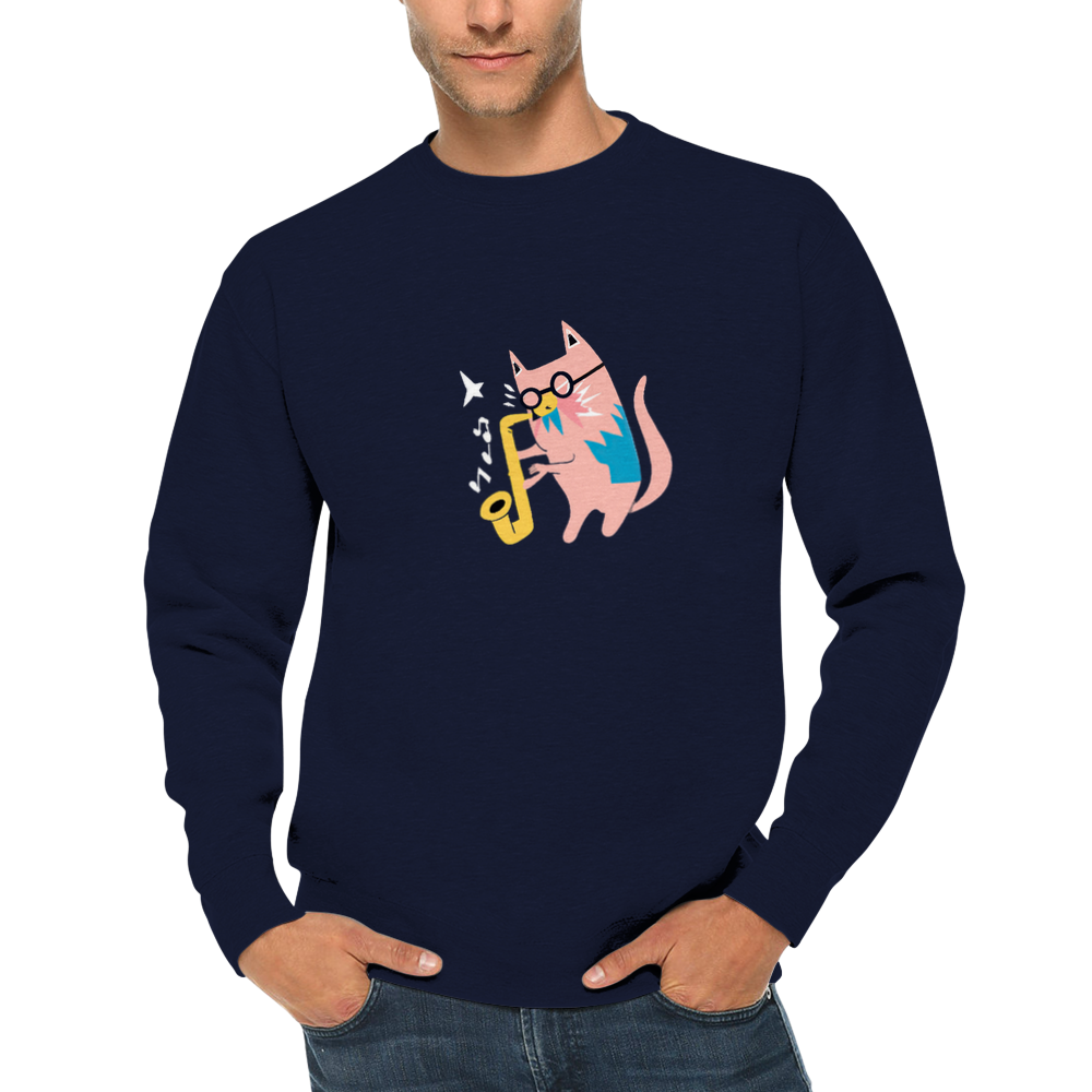 Pink Cat Playing a Saxophone Premium Unisex Crewneck Sweatshirt.
