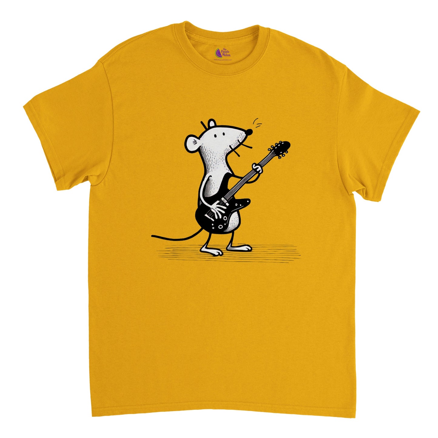 Gold t-shirt with a mouse playing guitar print