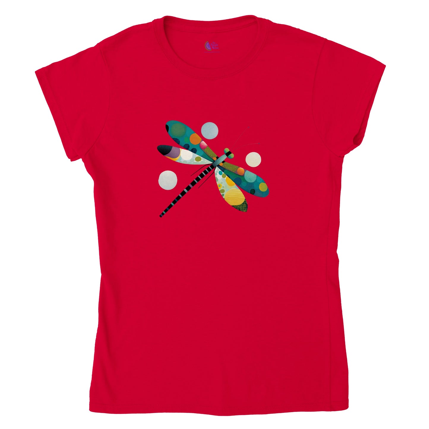 Red t-shirt with an abstract colourful dragonfly print