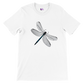 white t-shirt with a dragonfly print