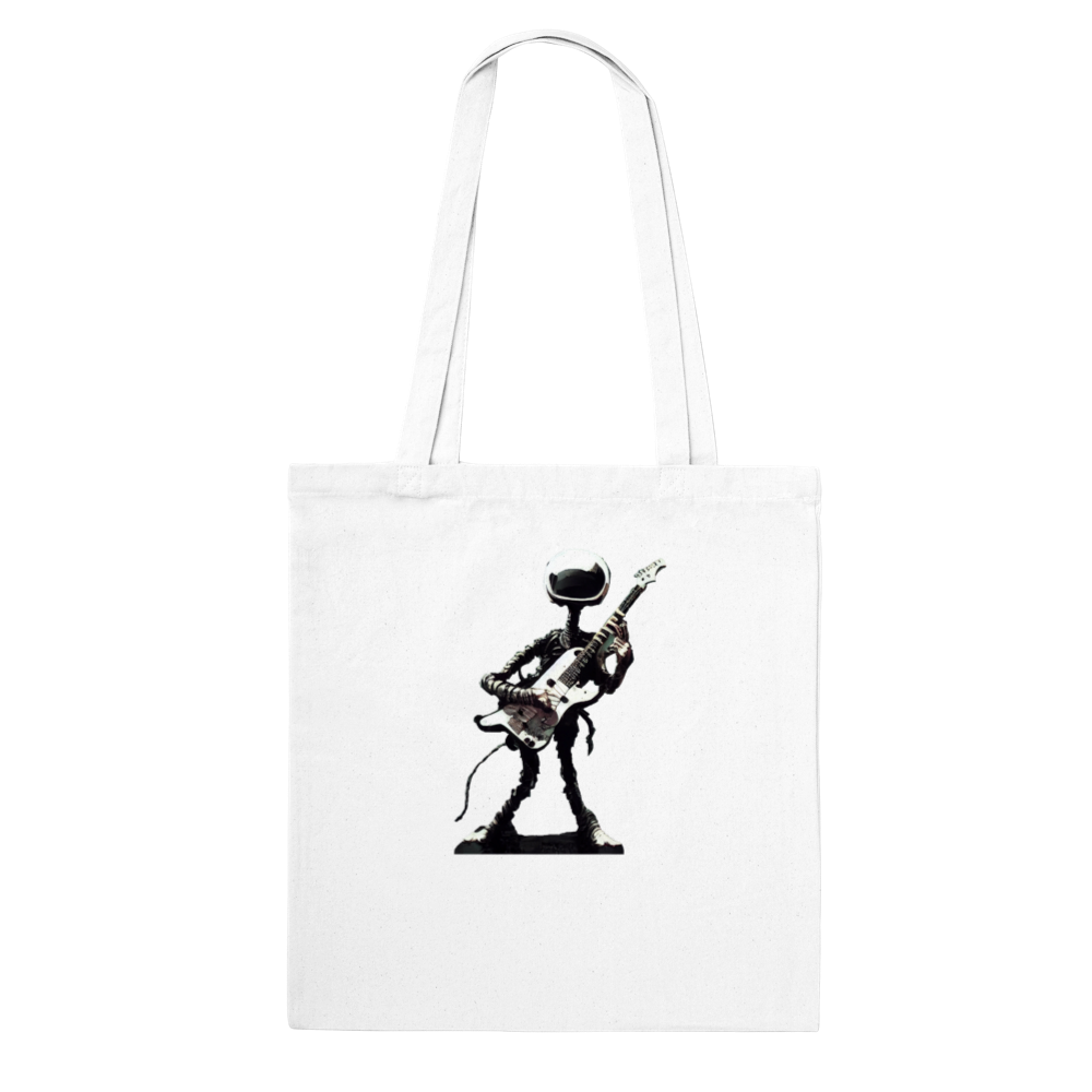 White tote bag with black and print of an alien playing the guitar