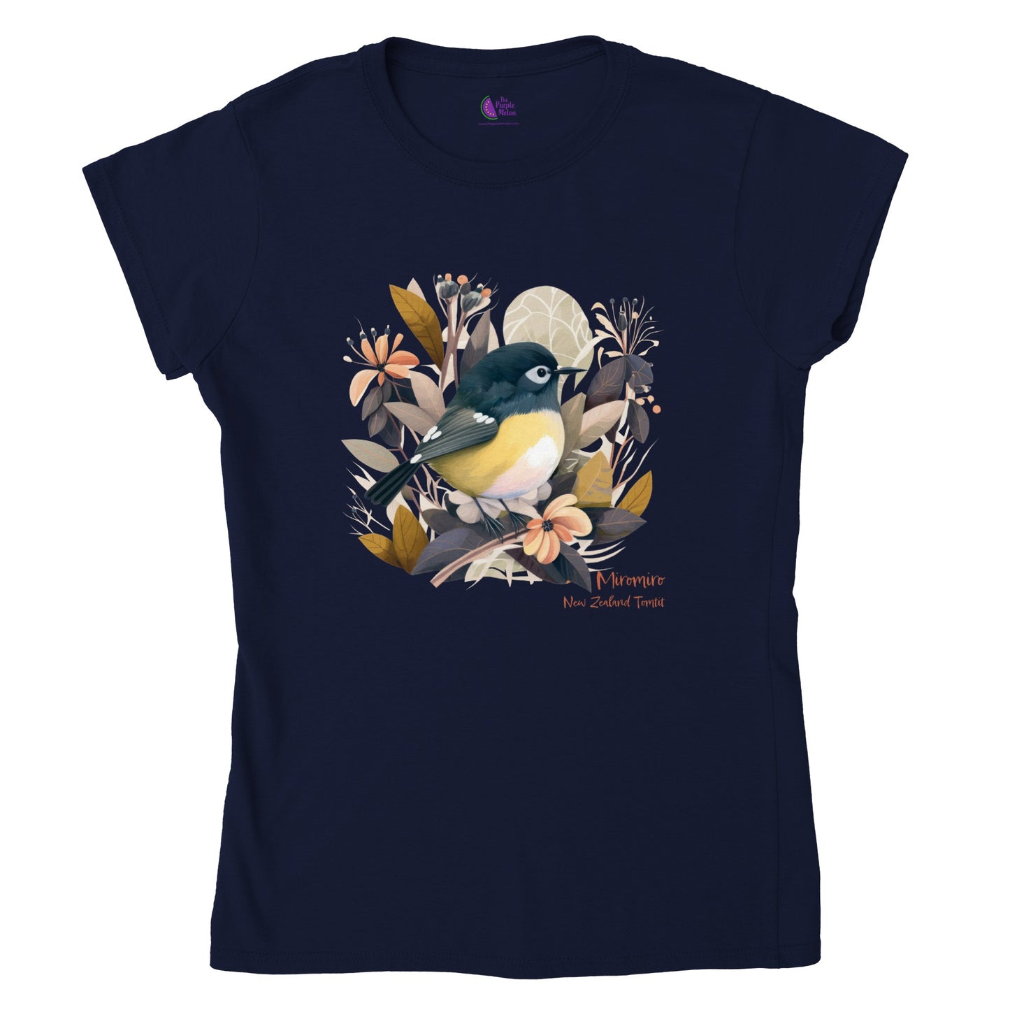 Navy t-shirt with a New Zealand Miromiro tomtit bird print