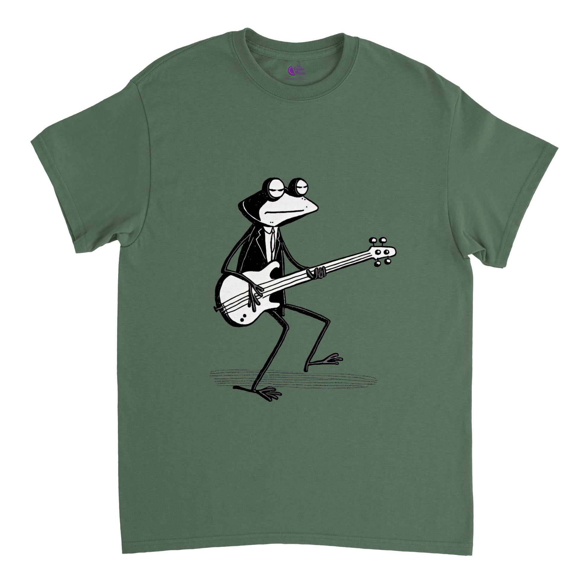 Green t-shirt with a frog playing a bass guitar print