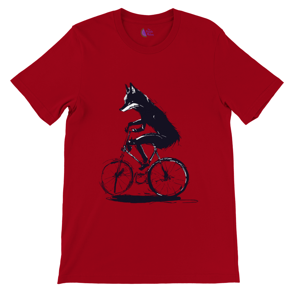 Red t-shirt with a fox riding a bike print