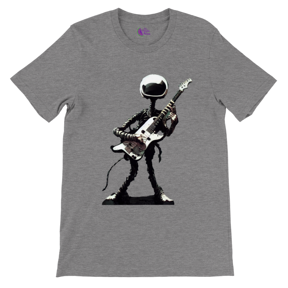 Grey t-shirt with an alien playing electric guitar illustration