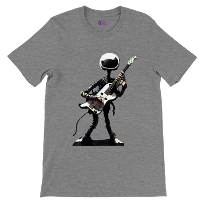 Grey t-shirt with an alien playing electric guitar illustration