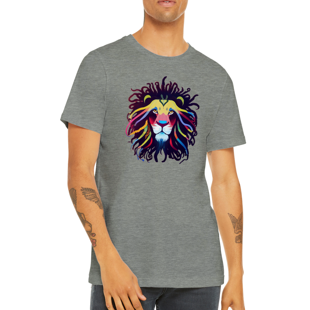A guy wearing a grey t-shirt with a colourful lion with dreadlocks print