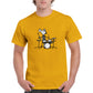 guy a yellow t-shirt with a mouse playing drums print