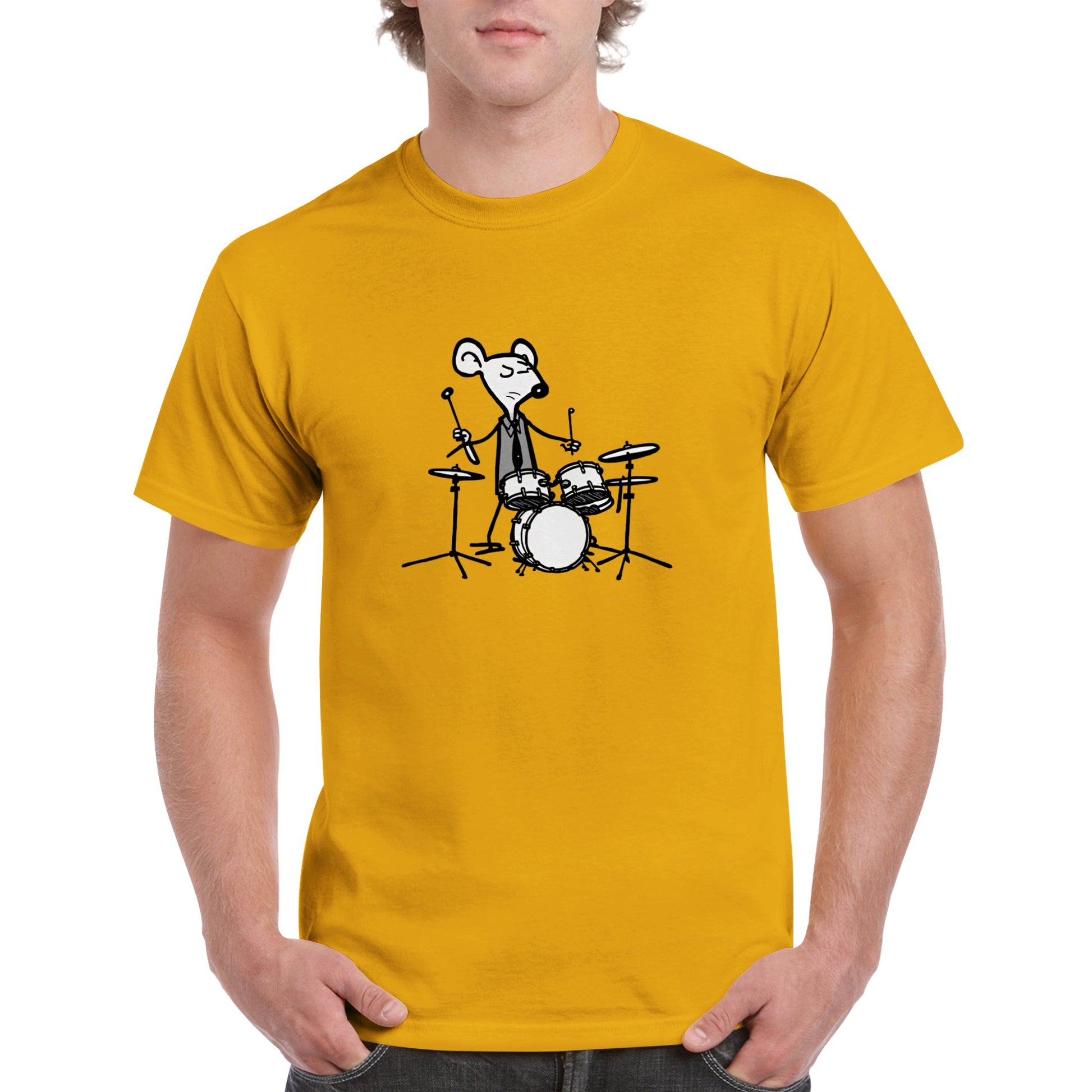 guy a yellow t-shirt with a mouse playing drums print