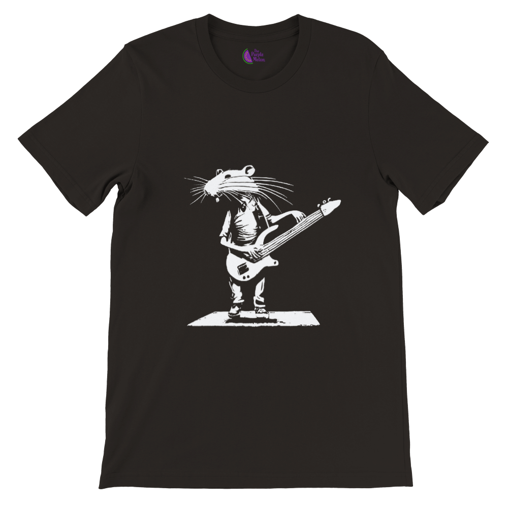 Black t-shirt with a rat playing bass guitar print