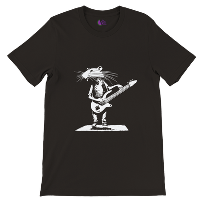 Black t-shirt with a rat playing bass guitar print