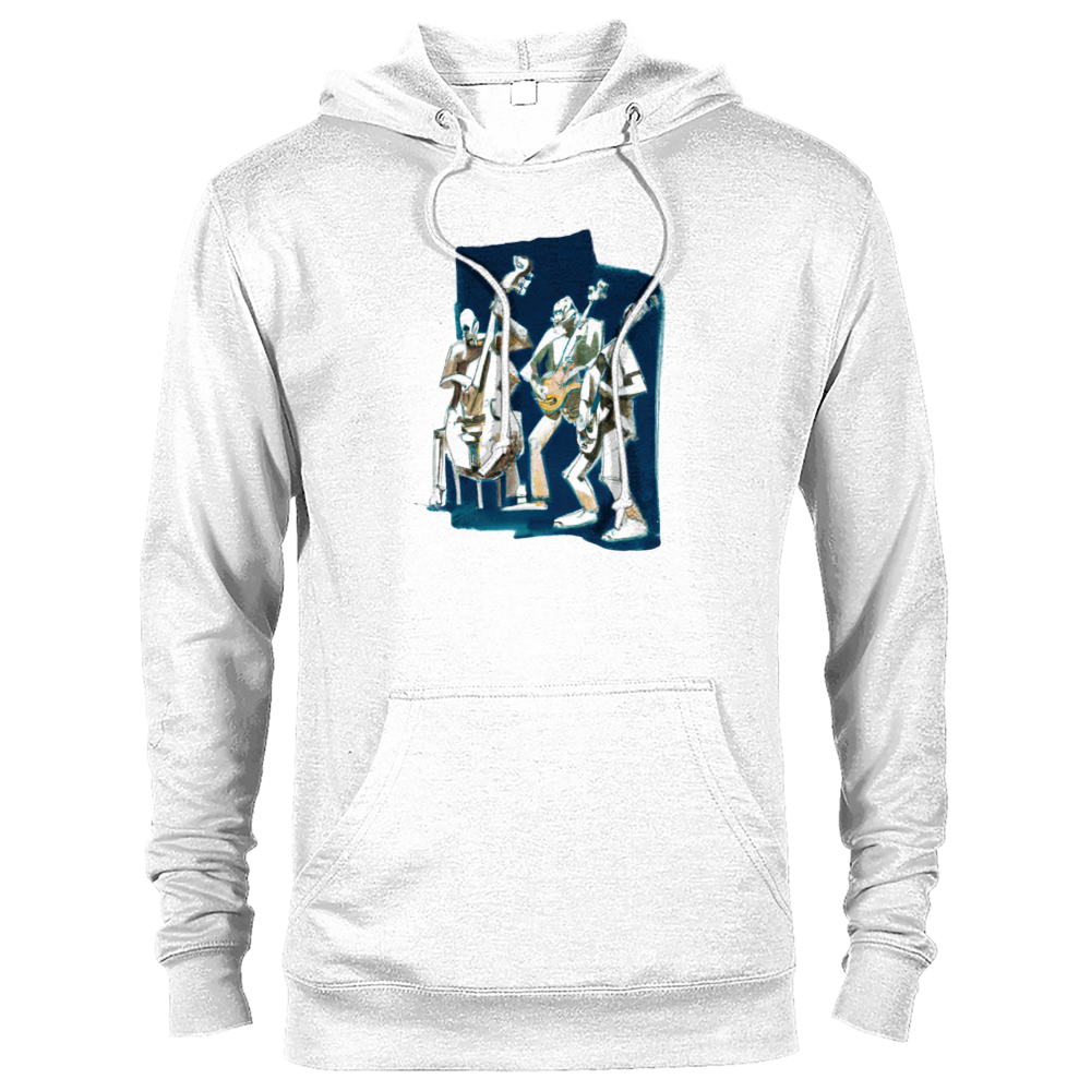 A white hoodie with a Jazz trio print on the front