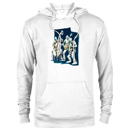 A white hoodie with a Jazz trio print on the front