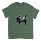 green t-shirt with a chimp playing the piano print