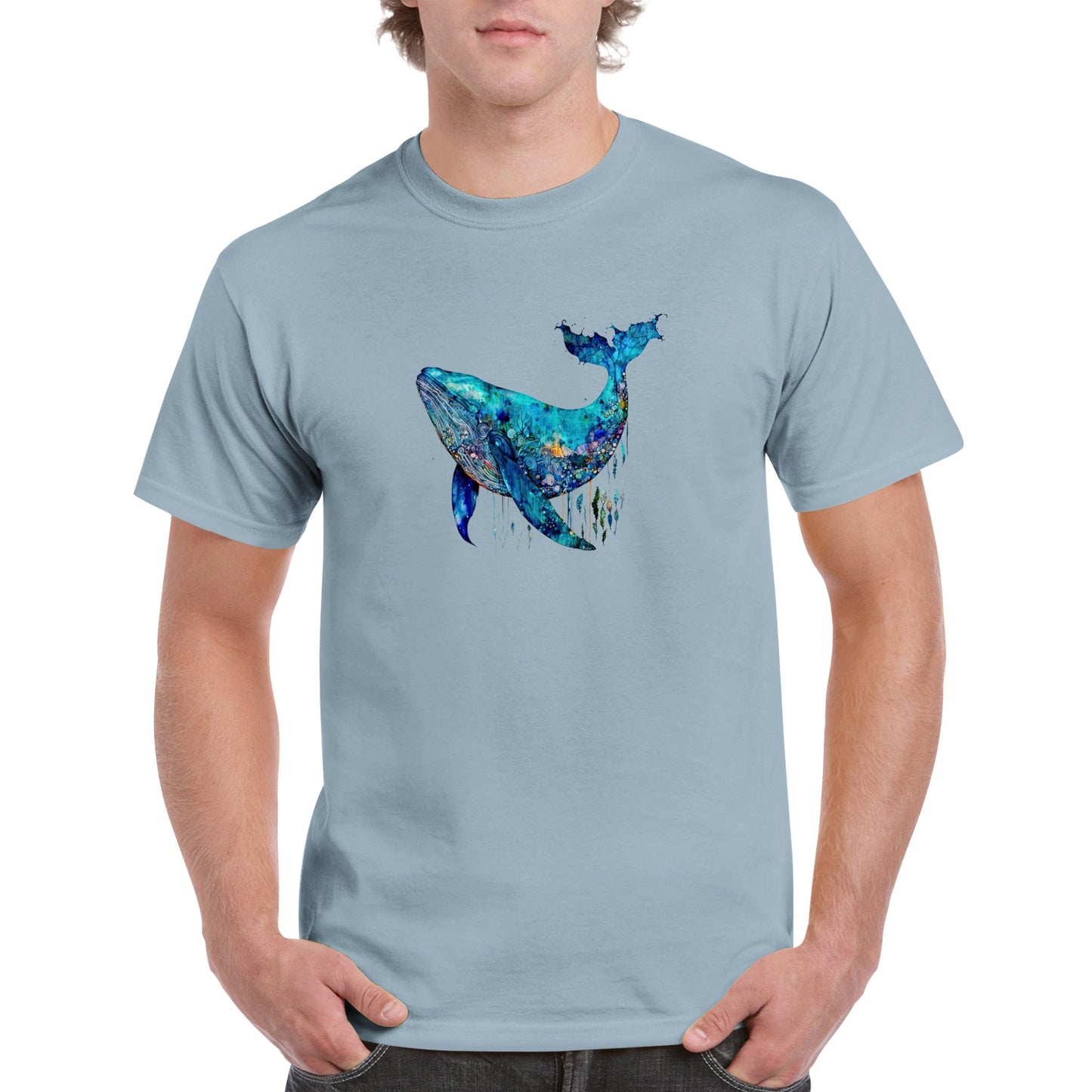Guy wearing a light blue t-shirt with a blue whale print