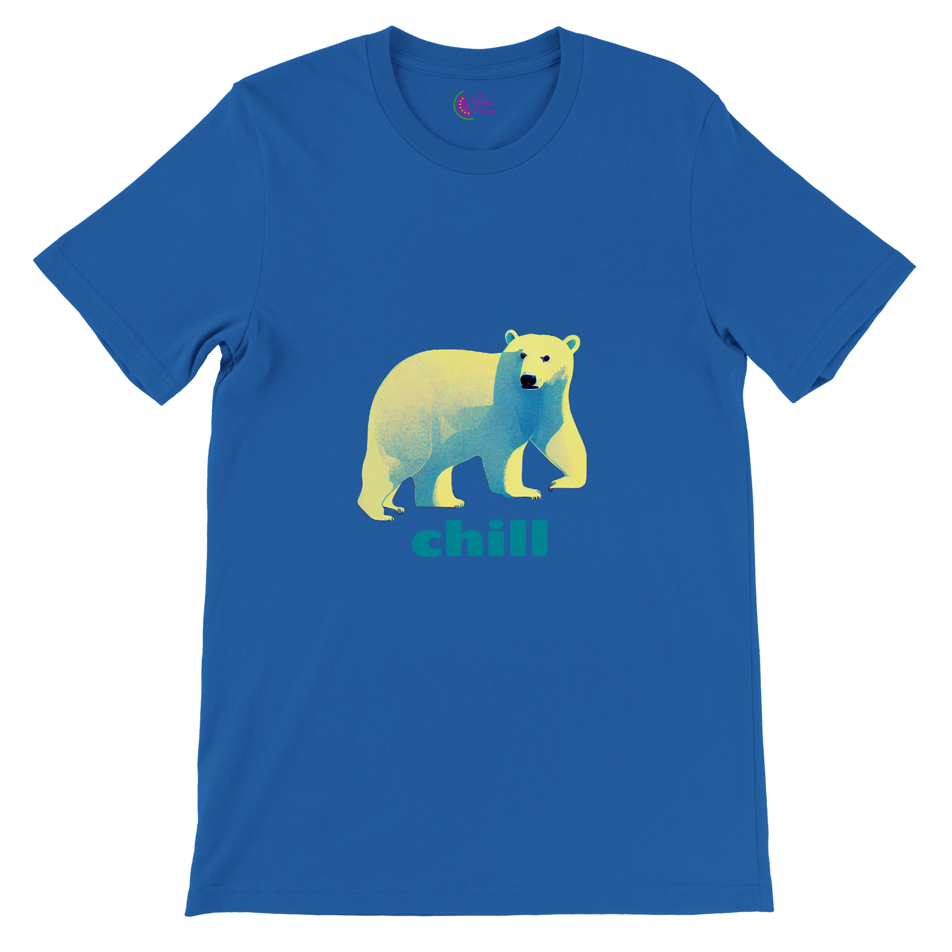 Royal blue t-shirt with a polar bear print with chill caption