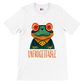 White t-shirt with a cute frog print with the caption Unfrogettable
