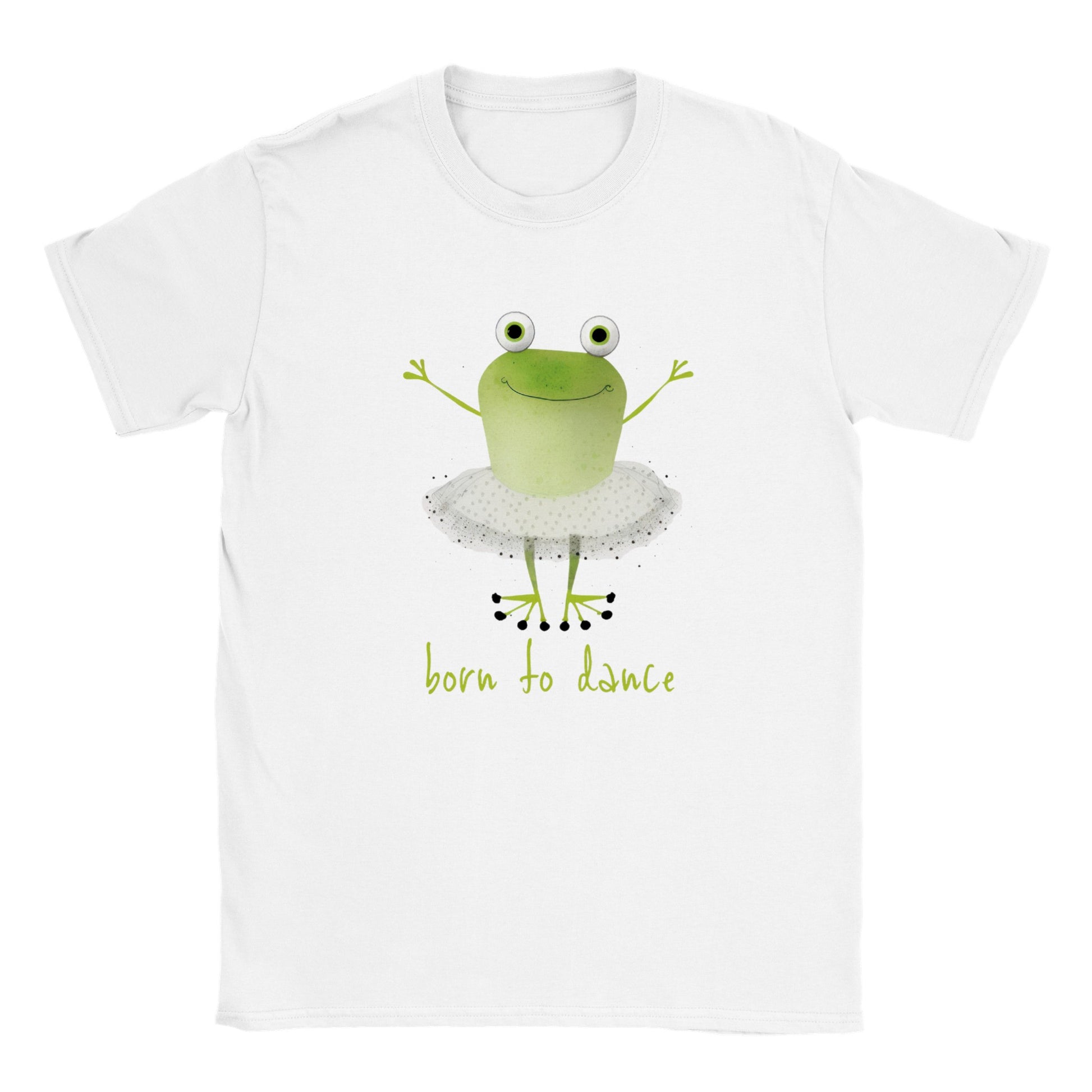 kids white t-shirt with born to dance frog ballerina print