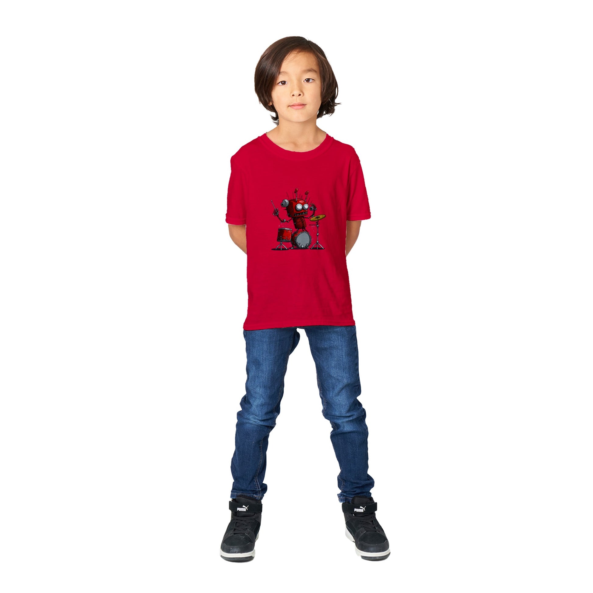 Kid wearing a red t-shirt with crazy robot playing the drums