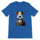 royal blue t-shirt with a fox terrier in a suit print