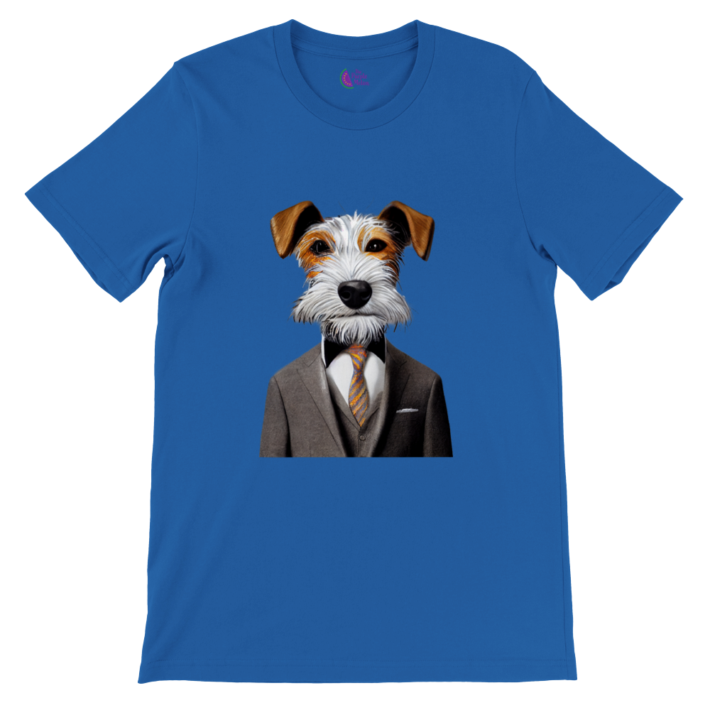royal blue t-shirt with a fox terrier in a suit print