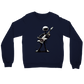 A navy sweatshirt with an alien playing a guitar print