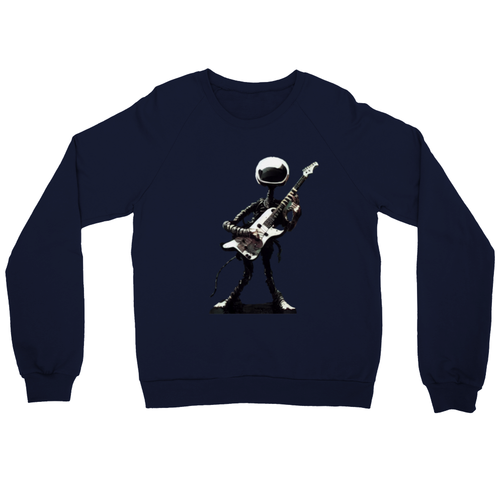 A navy sweatshirt with an alien playing a guitar print