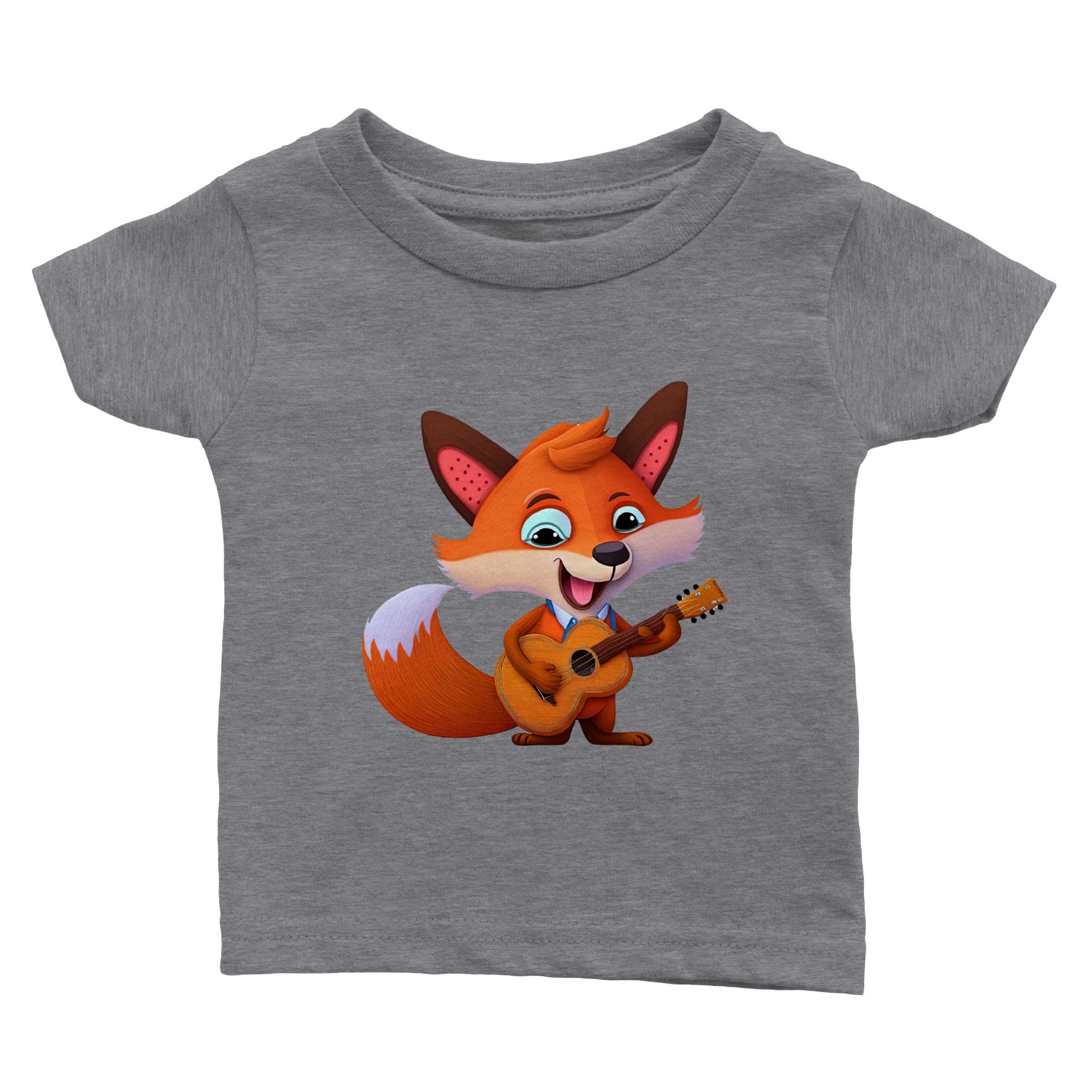 Babies grey t-shirt with cute fox playing a guitar