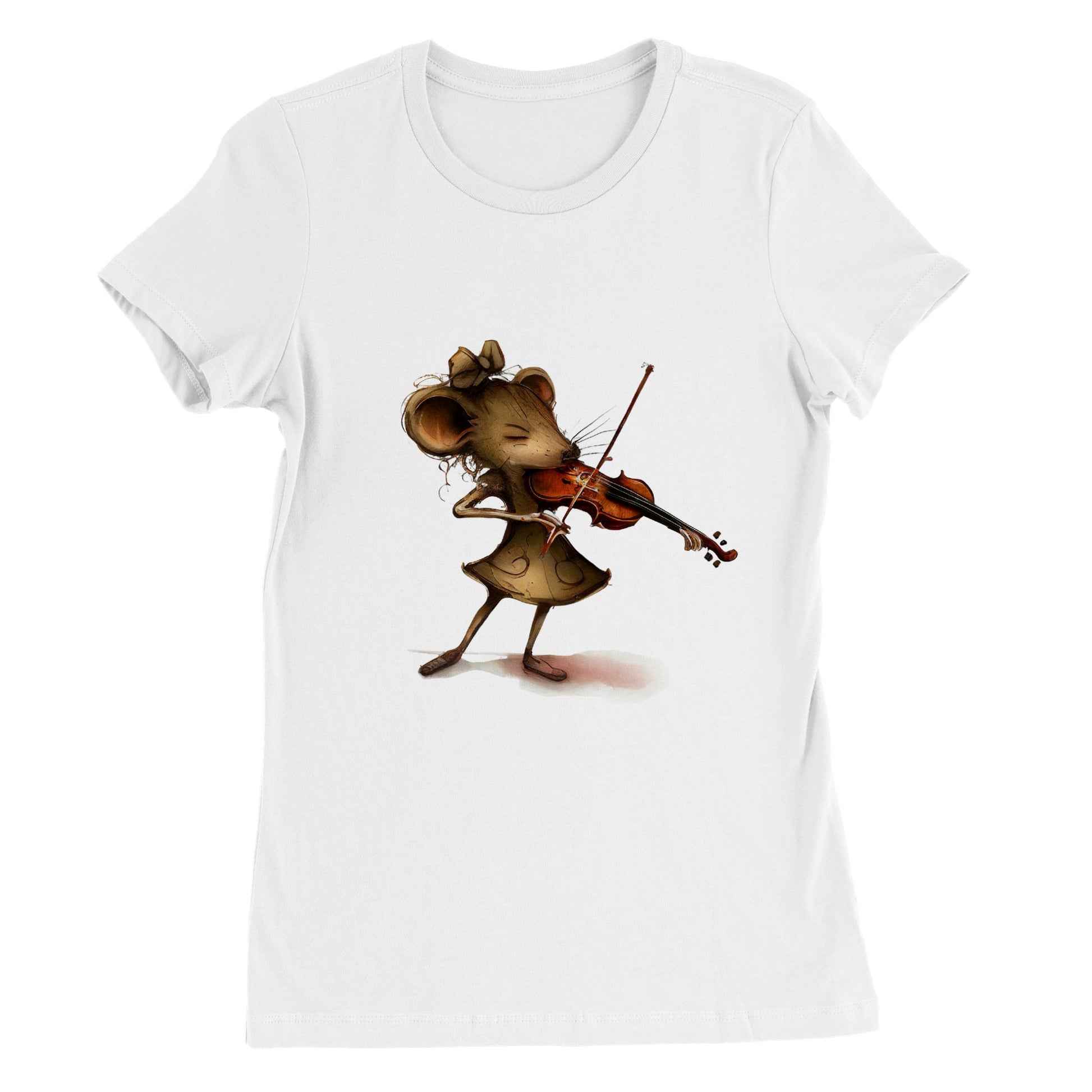 white t-shirt with a mouse playing a violin print
