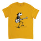 Gold t-shirt with a frog playing a bass guitar print