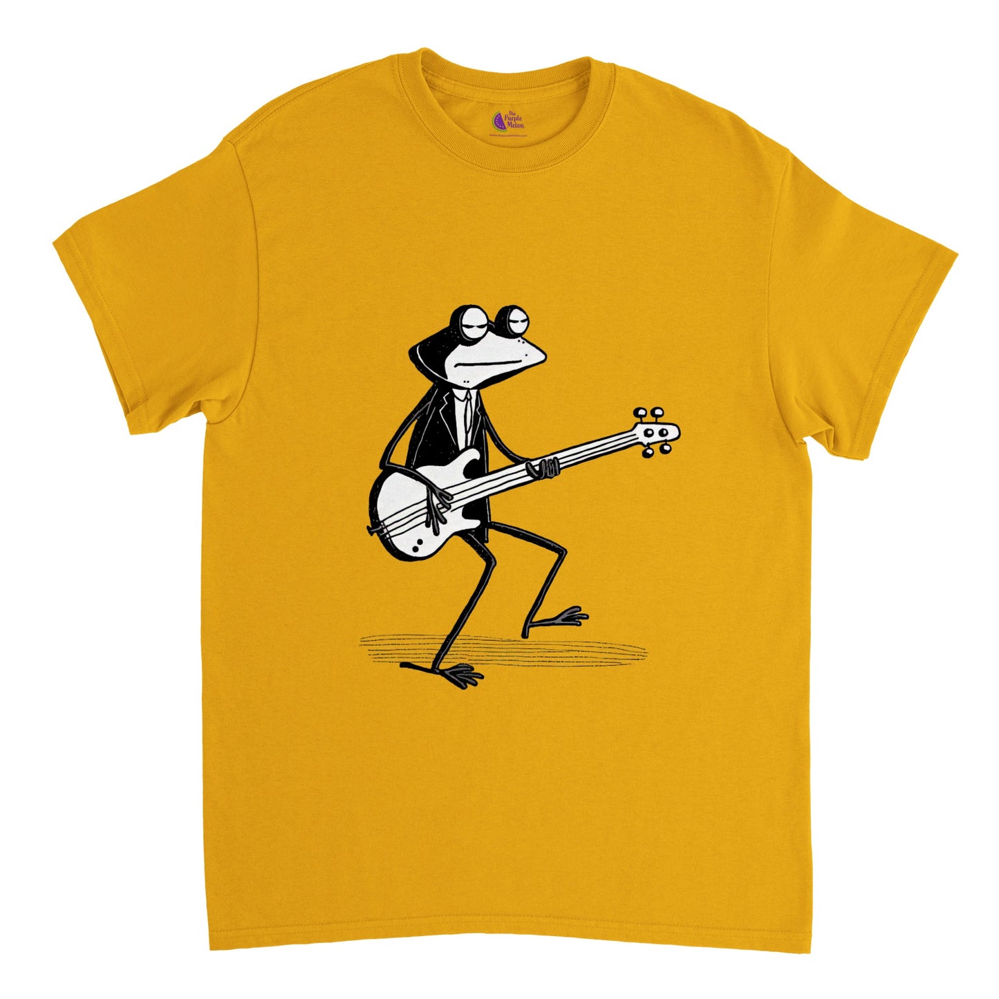 Gold t-shirt with a frog playing a bass guitar print