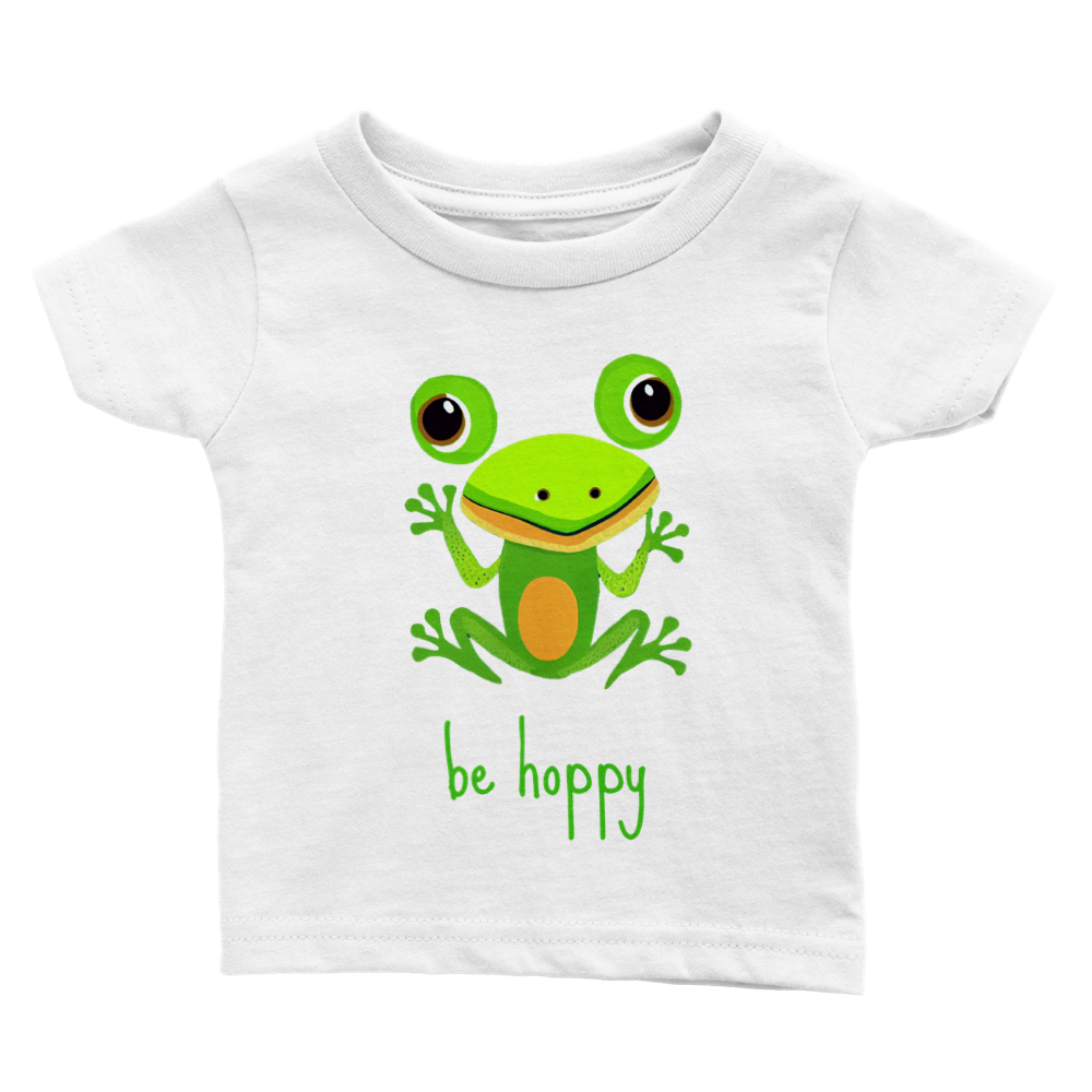 baby's white t-shirt with cute be hoppy frog print