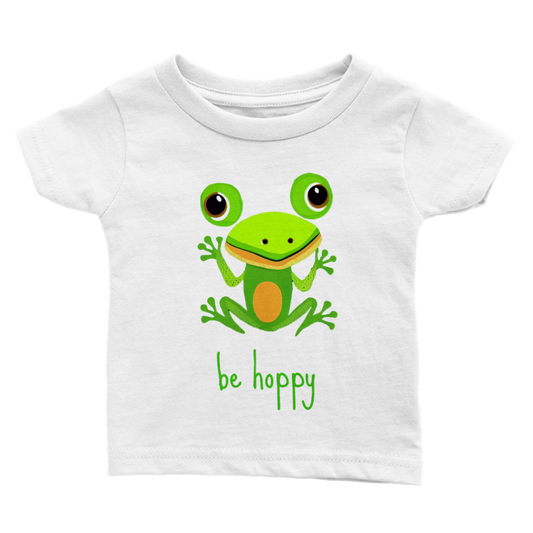 baby's white t-shirt with cute be hoppy frog print