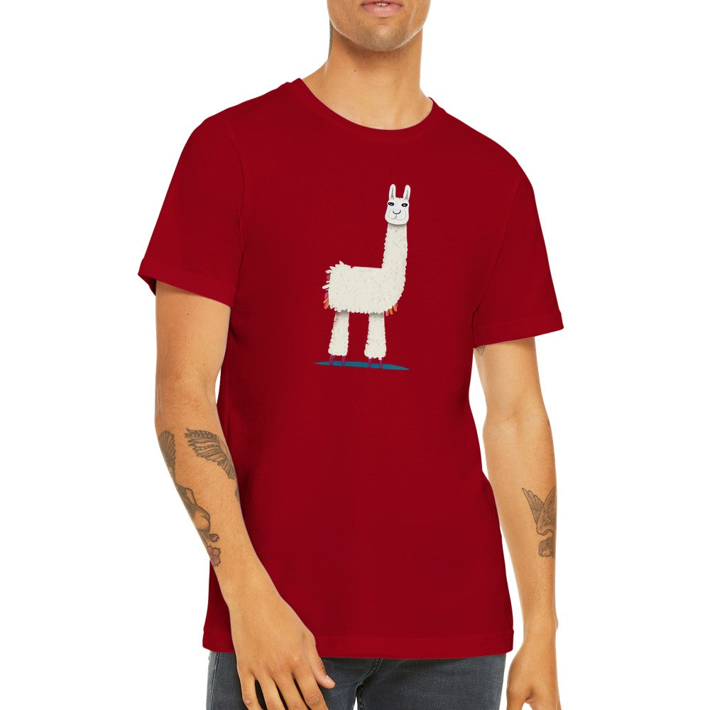 Guy wearing a red t-shirt with a cute llama print