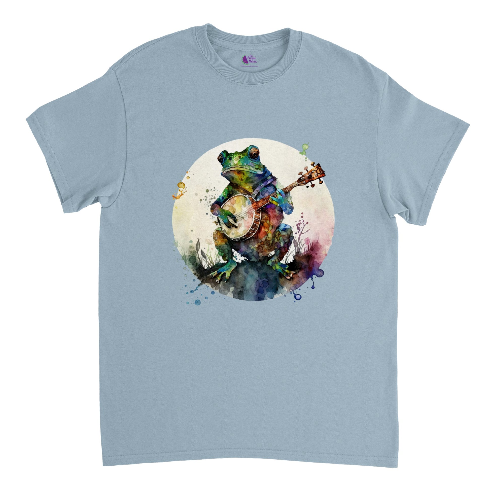 light blue t-shirt with a frog playing a banjo print