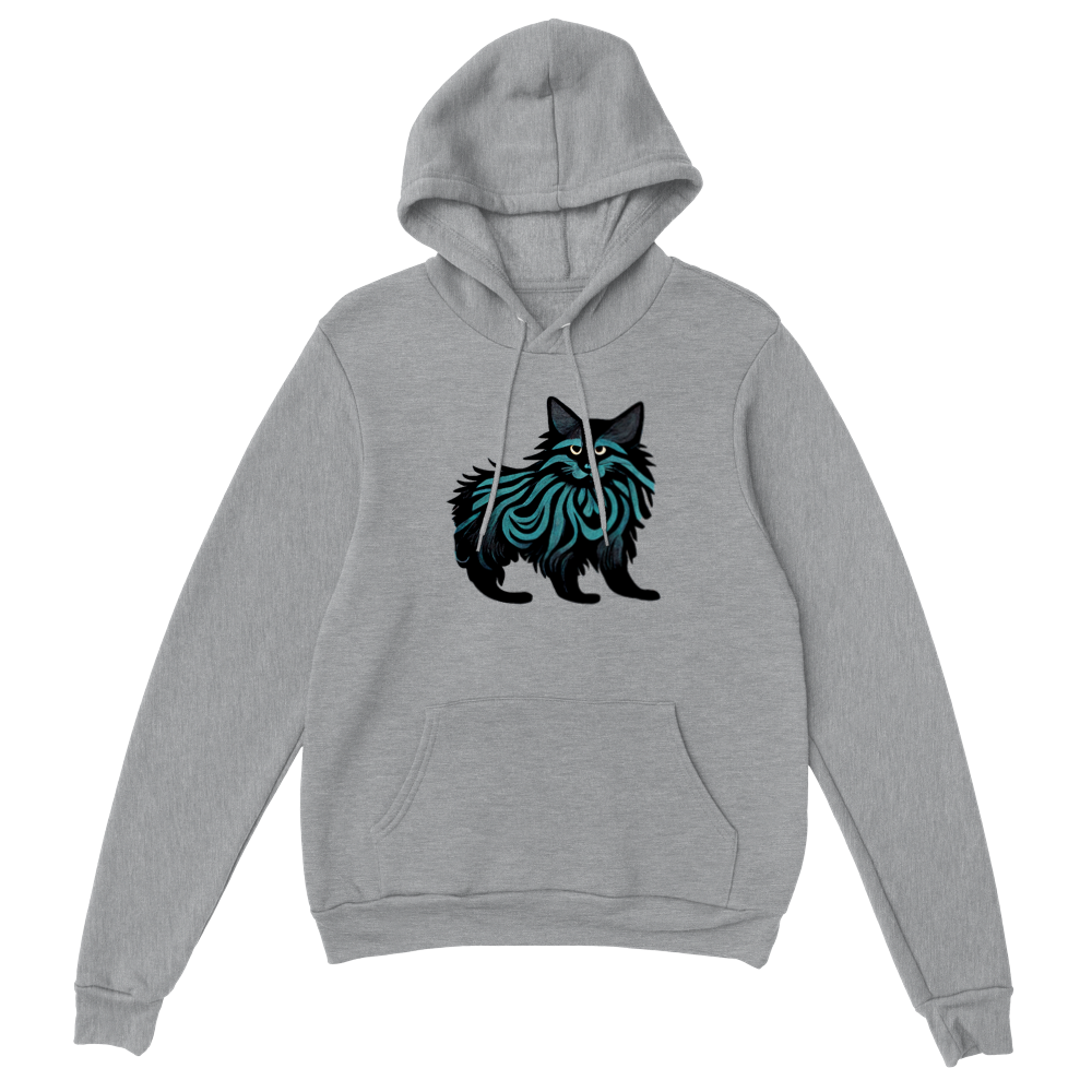 Grey pullover hoodie with maine coon cat print