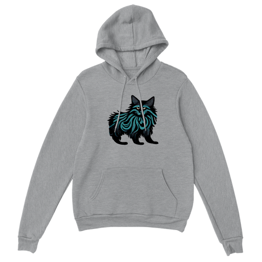 Grey pullover hoodie with maine coon cat print