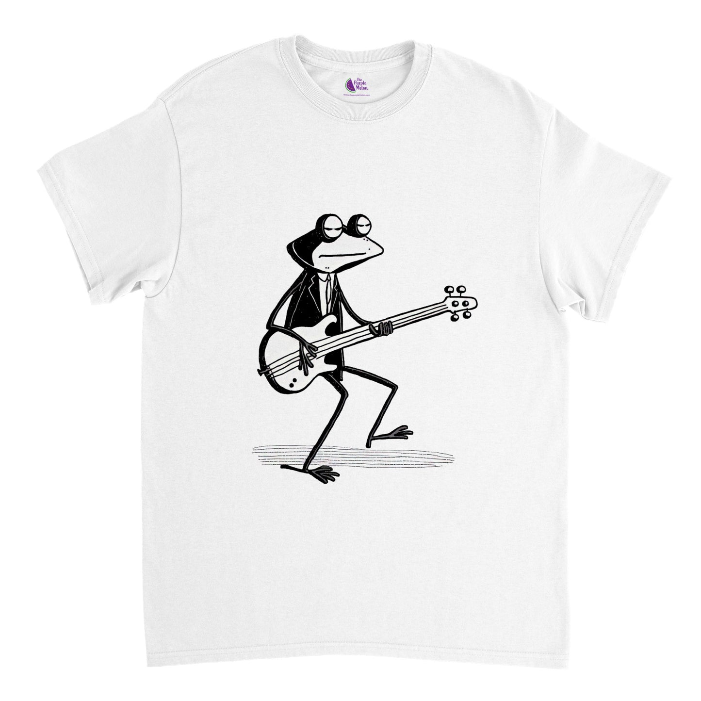 White t-shirt with a frog playing a bass guitar print
