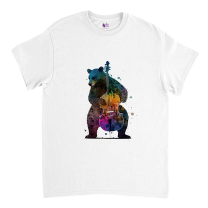 white t-shirt with a bear playing a colourful double bass