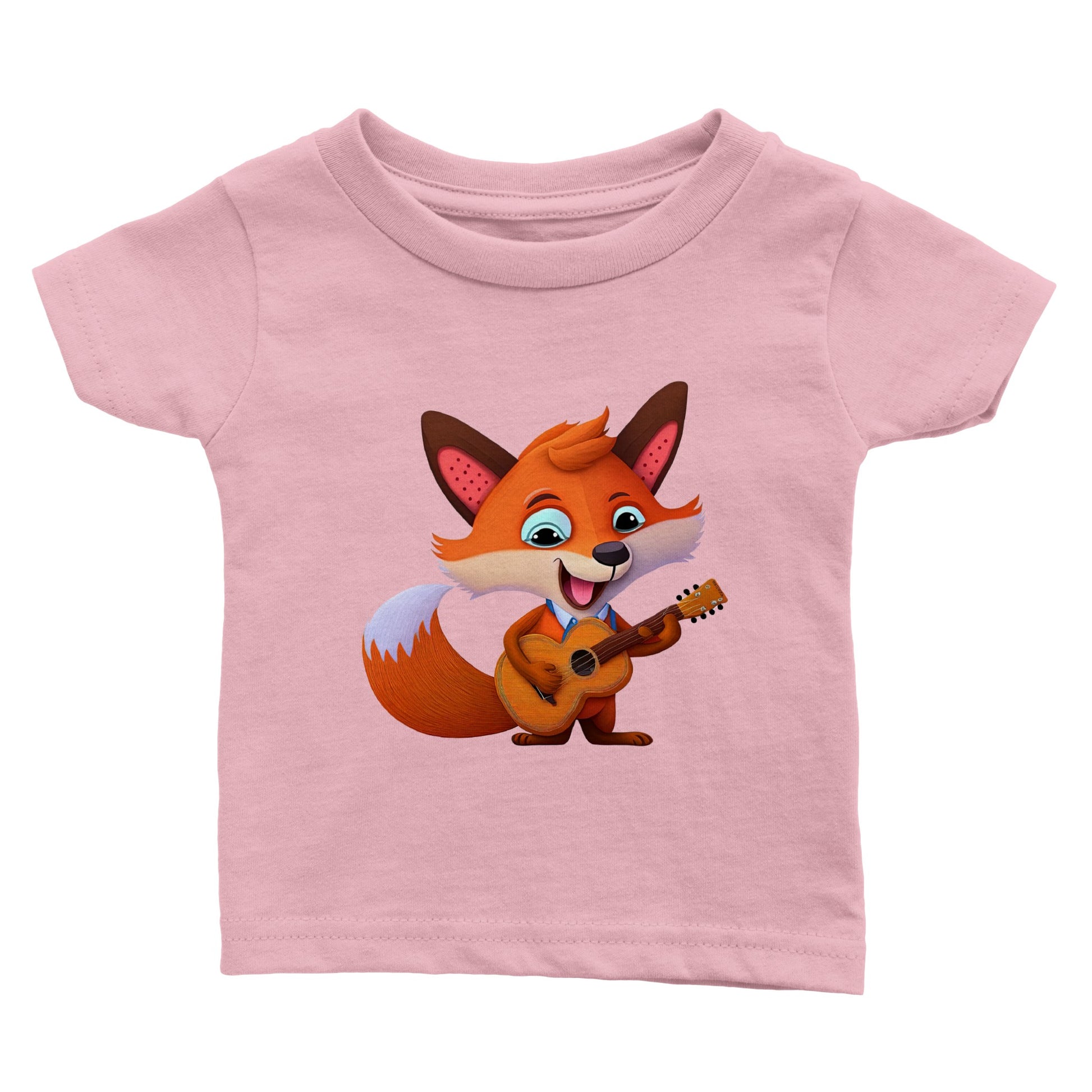 Babies pink t-shirt with cute fox playing a guitar